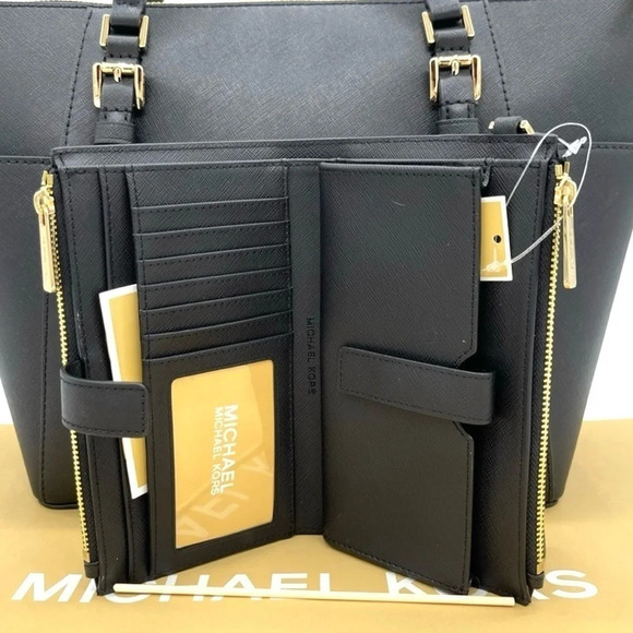 Michael Kors Large Charlotte Tote Bag & Double Zip Wallet Black/Gold (NWT) - Picture 6 of 11